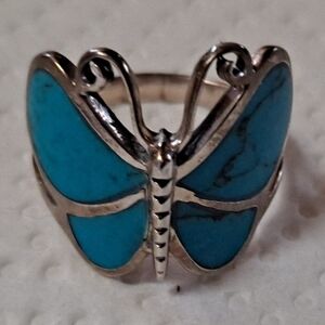 Silver Butterfly Ring with Bright Turquoise Inlay - Women Jewelry